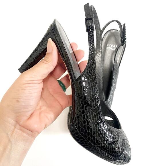 Stuart Weitzman Black Crocodile Leather Slingback Peeptoe Heels - Picture 3 of 10